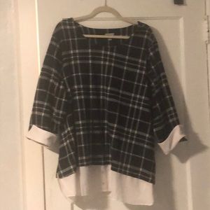 Lane Bryant plaid top with faux white button down style collar and sleeves.